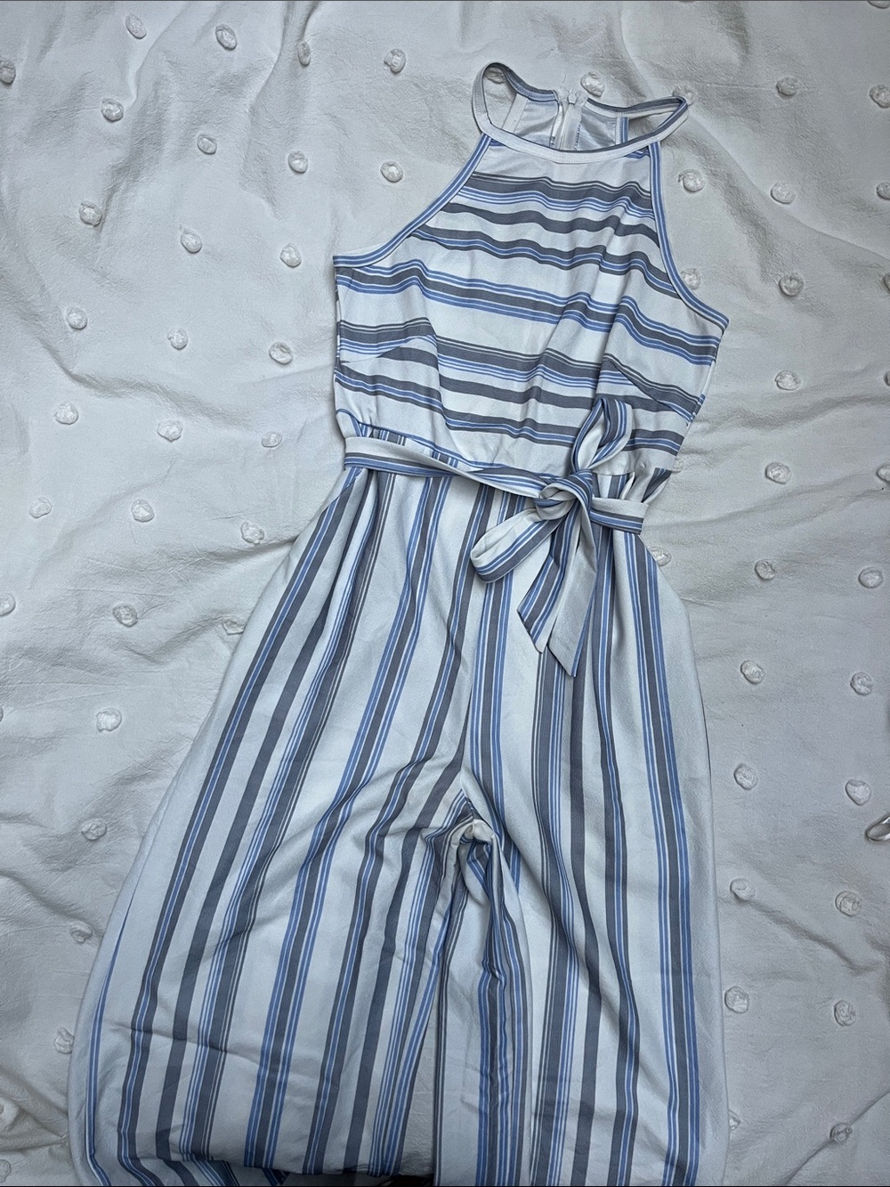 Striped Blue & Gray Halter Jumpsuit with Waist Tie